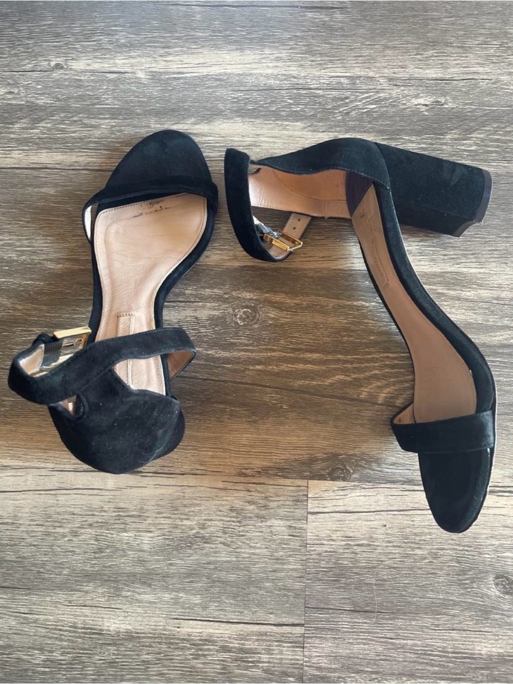 Stuart Weitzman Nearly Nude Black Suede Block Heel Sandals - Classic Ankle Strap